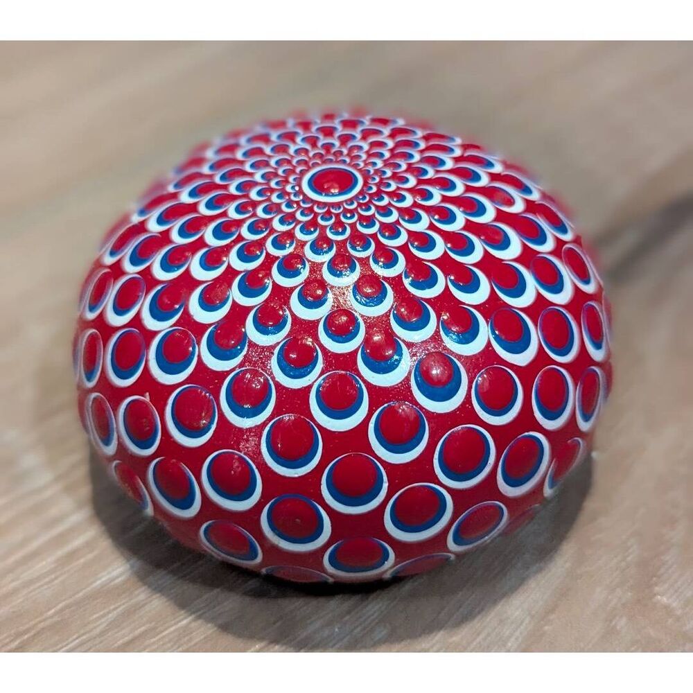 Mandala Dot Art Rock Hand Painted Hypnotic  Decor OOAK Patriotic Red White Blue